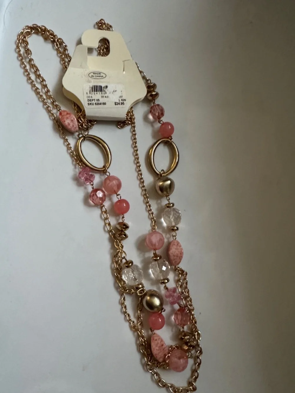 Gold Layered Necklace with Pink Beads - Women Jewelry